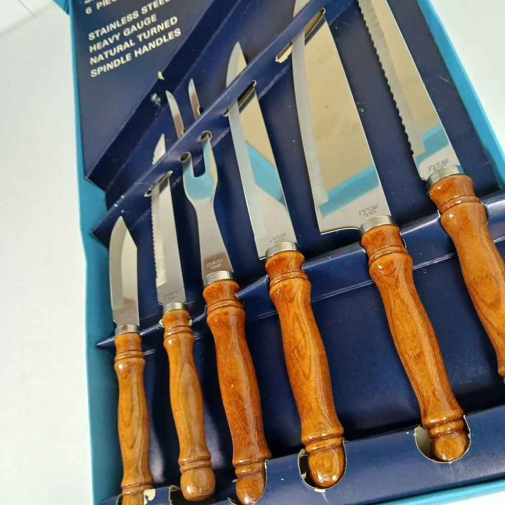 Vtg Sheaffer Collection Stainless Cutlery Set Wooden Handled Knives 6 Piece New